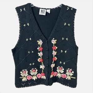 Mixed Blues Knit Vest Floral Embroidery Knit Covered Buttons Ribbon Beads Cutout